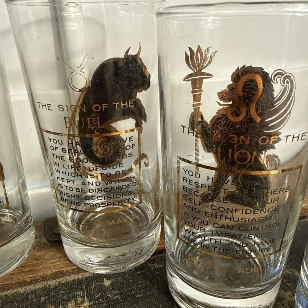 Vintage Glass Zodiac Tumblers 22k Gold Astrology